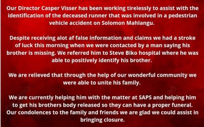 UPDATE: UNIDENTIFIED RUNNER IDENTIFIED PEDESTRIAN VEHICLE ACCIDENT ON 23/06/2021