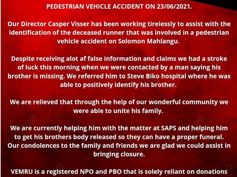 UPDATE: UNIDENTIFIED RUNNER IDENTIFIED PEDESTRIAN VEHICLE ACCIDENT ON 23/06/2021